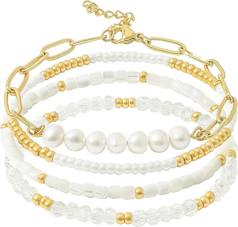 Pymach Store Dainty Gold Plated Pearl Crystal Beaded Bracelets Set for Women 14K Gold Plated Bead Pearl Beads Bracelet Stackable Paperclip Link Chain Bracelets Gold Plated Bracelets for Women Trendy Jewelry - Image 1